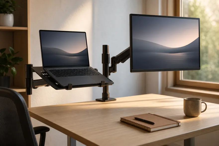 Laptop resting on a VESA arm tray next to a monitor in a dual setup