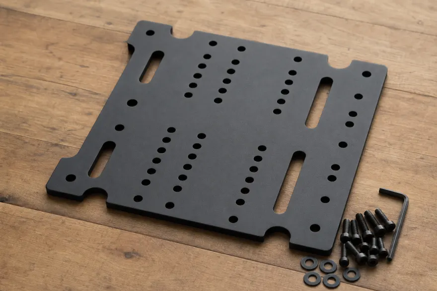 Steel VESA adapter plate with multiple hole patterns next to mounting hardware