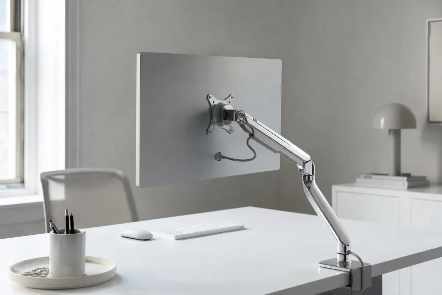 Slim aluminum all-in-one display mounted on a VESA arm at a minimalist desk