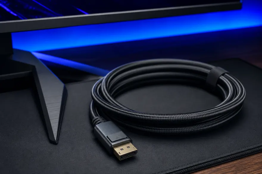 Braided DisplayPort cable coiled beside a high-refresh gaming monitor