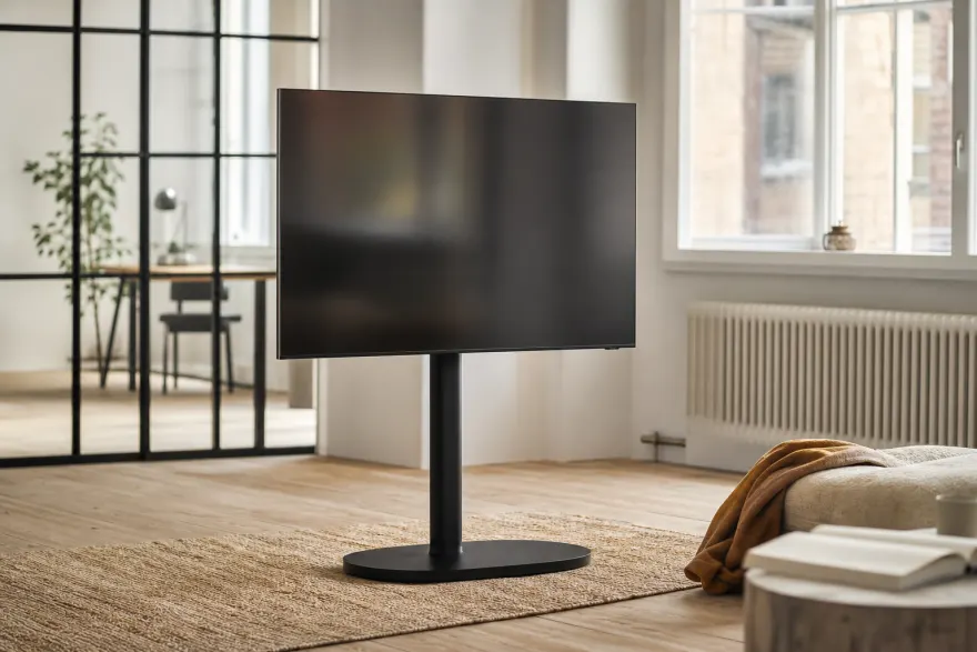 Television on a freestanding column floor stand in a bright loft interior