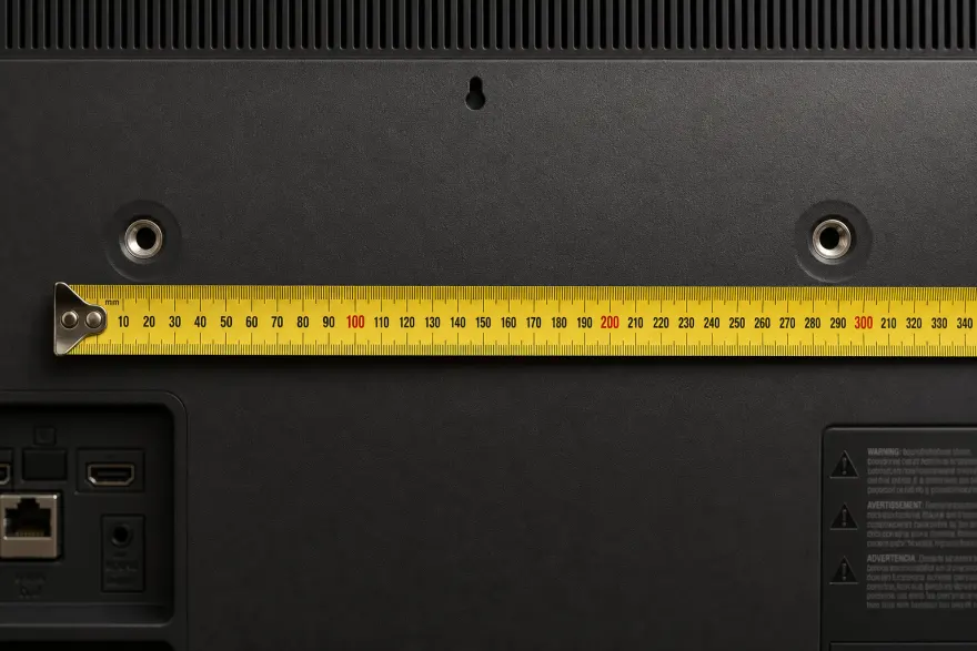 Tape measure stretched between two mounting holes on the back of a TV