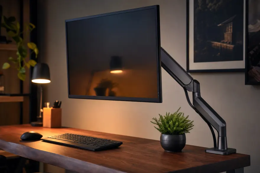 Computer monitor floating on an articulated VESA desk arm over a tidy desk