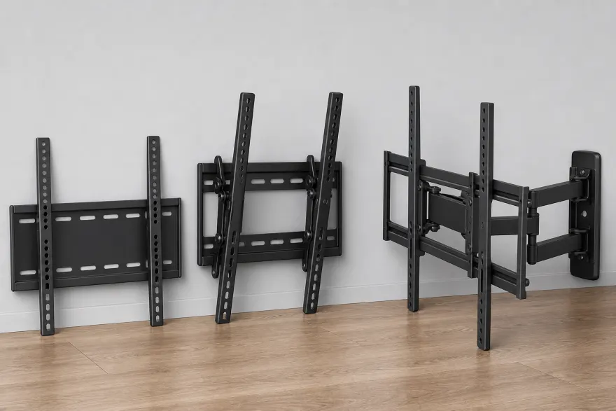 Fixed, tilting and articulating full-motion TV wall brackets side by side