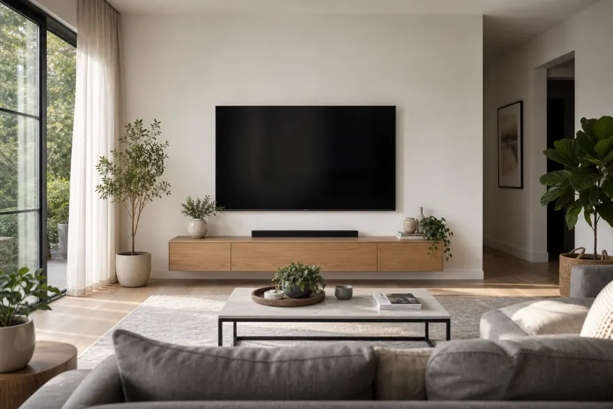 Living room with a wall-mounted TV centered at seated eye level above a low console