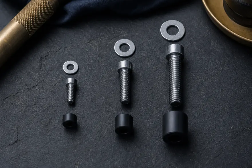 M4, M6 and M8 machine screws with washers and spacers laid out on a workbench