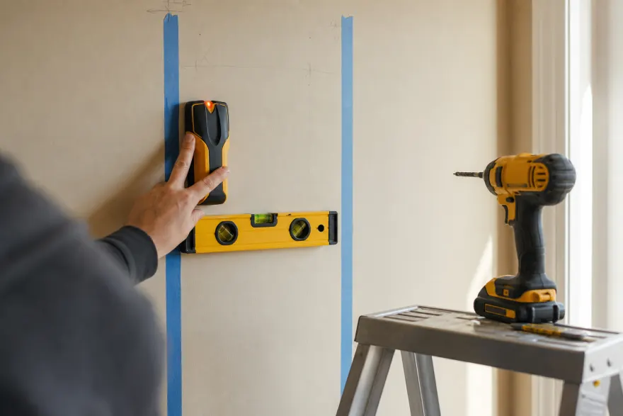 Stud finder and level held against a wall marked with pencil lines for a TV mount