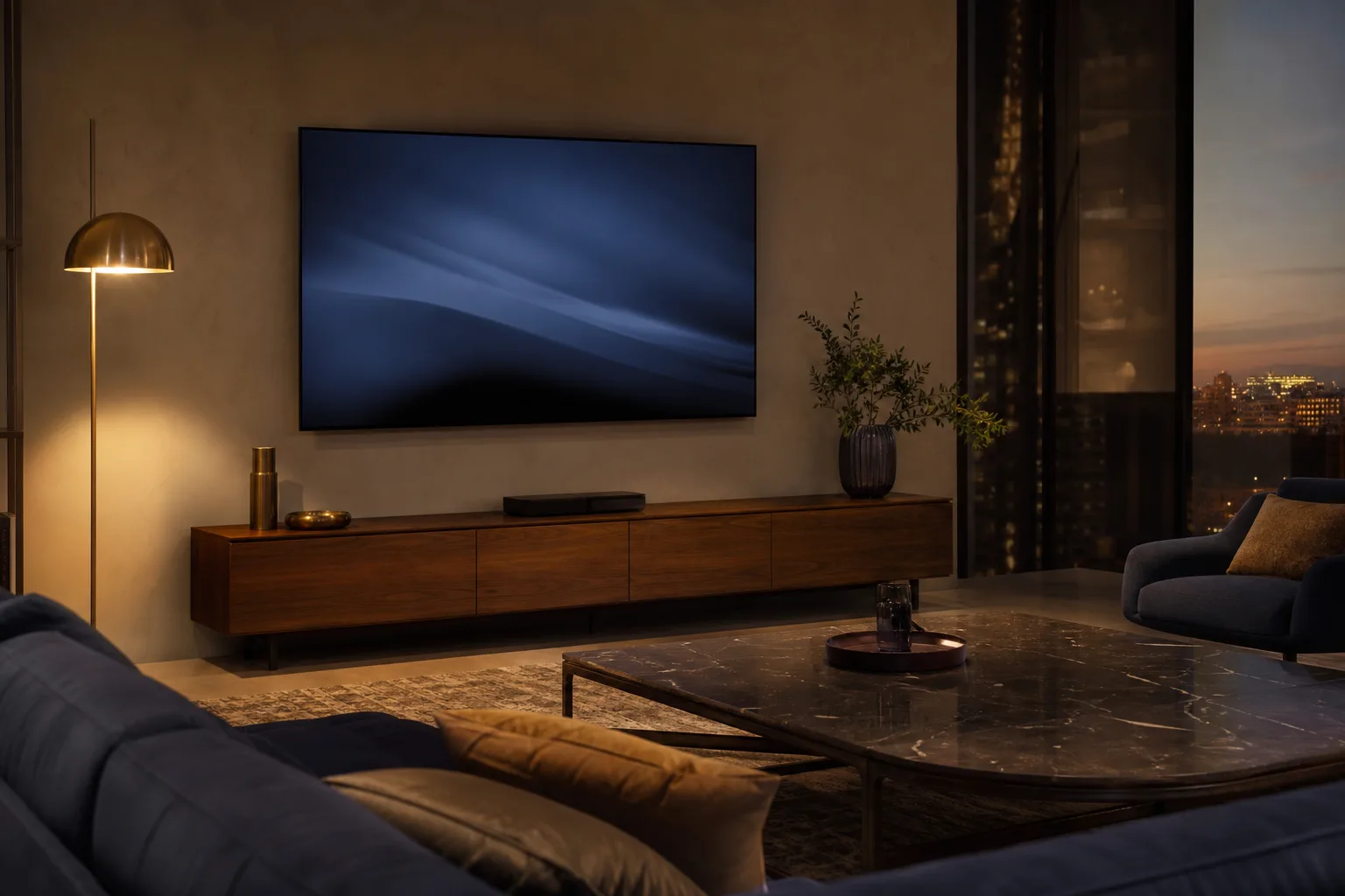 Living room with a large TV wall-mounted at eye level above a low media console